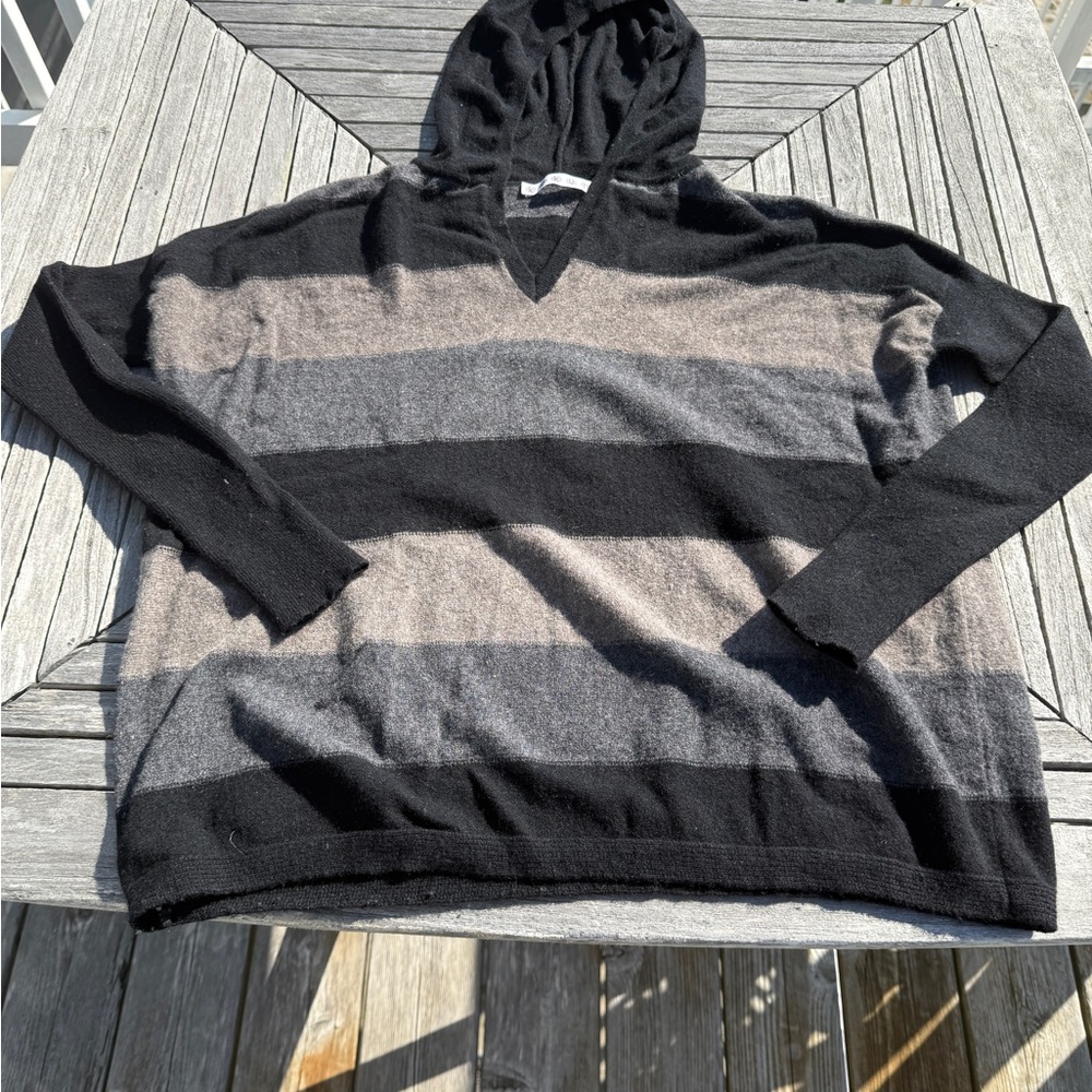 Kokun cashmere Women’s Striped Hooded Sweater - Black and Gray Sz S